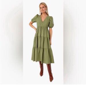Elegant Green Puff Sleeve Dress